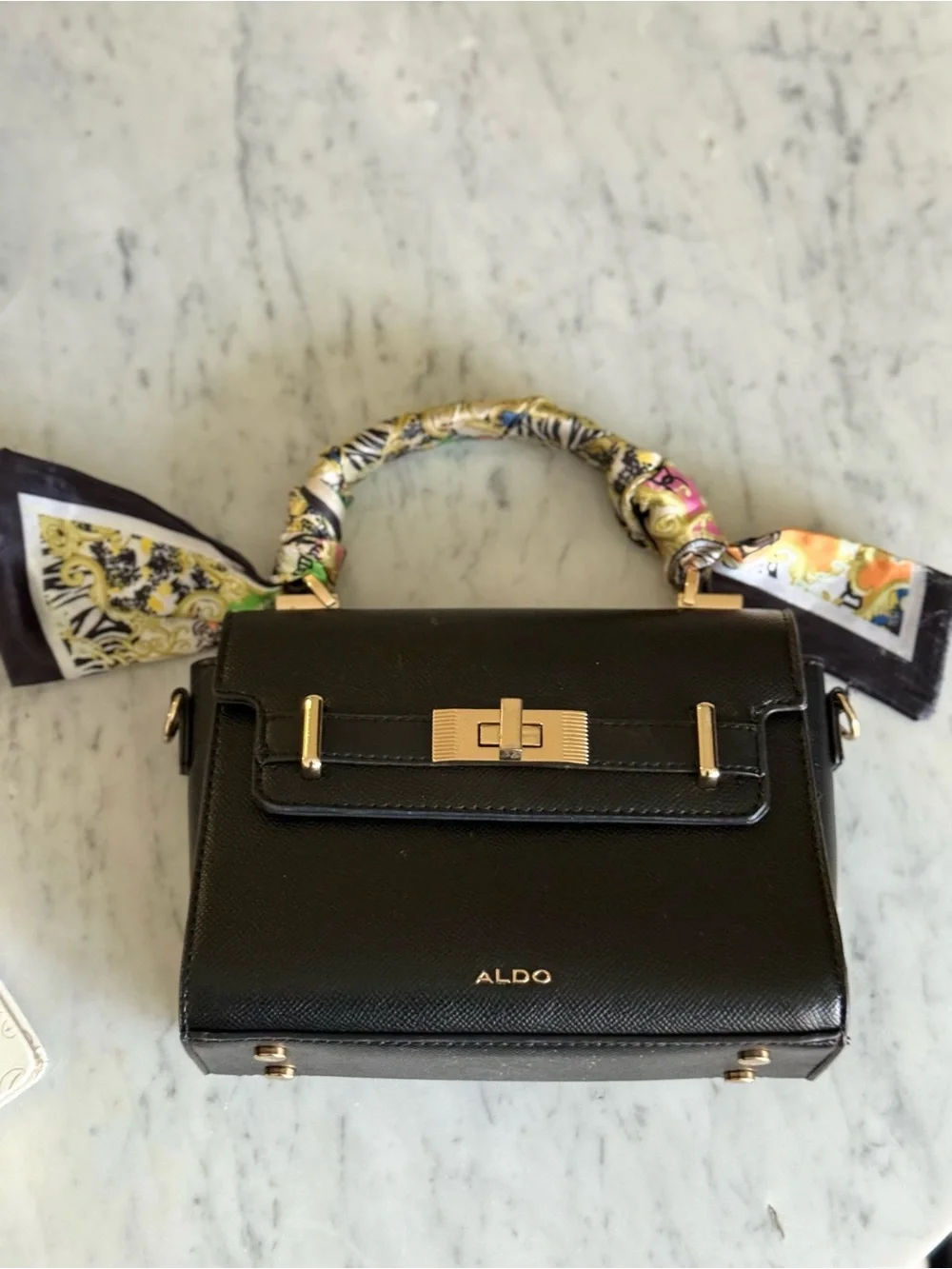 Aldo Black Top-Handle Satchel with Multicolor Scarf Wrap